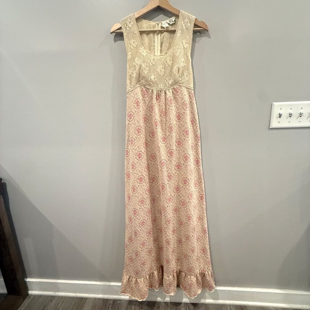 VTG Maxi Dress 1970s Terri Petites California Prairie Cottagecore Lace Cream